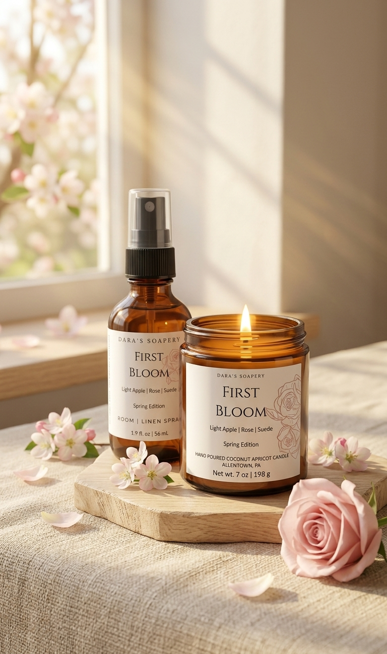 Two 'First Bloom' products form Daras Soapery on a wooden board with flowers and a window in the background