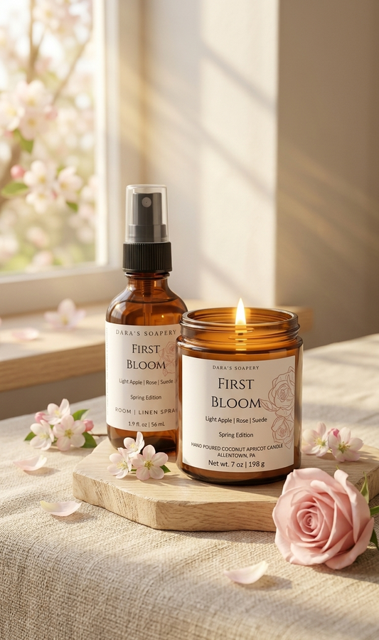 Two 'First Bloom' products form Daras Soapery on a wooden board with flowers and a window in the background