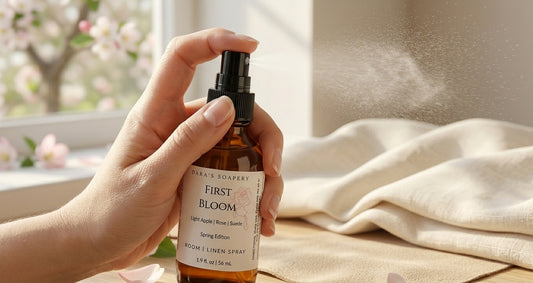 A close-up of a hand with natural, manicured nails spraying a fine mist from the First Bloom Room and Linen Spray amber bottle. The mist is captured against a soft-focus background of spring blossoms and cream linen, highlighting the fine spray application.