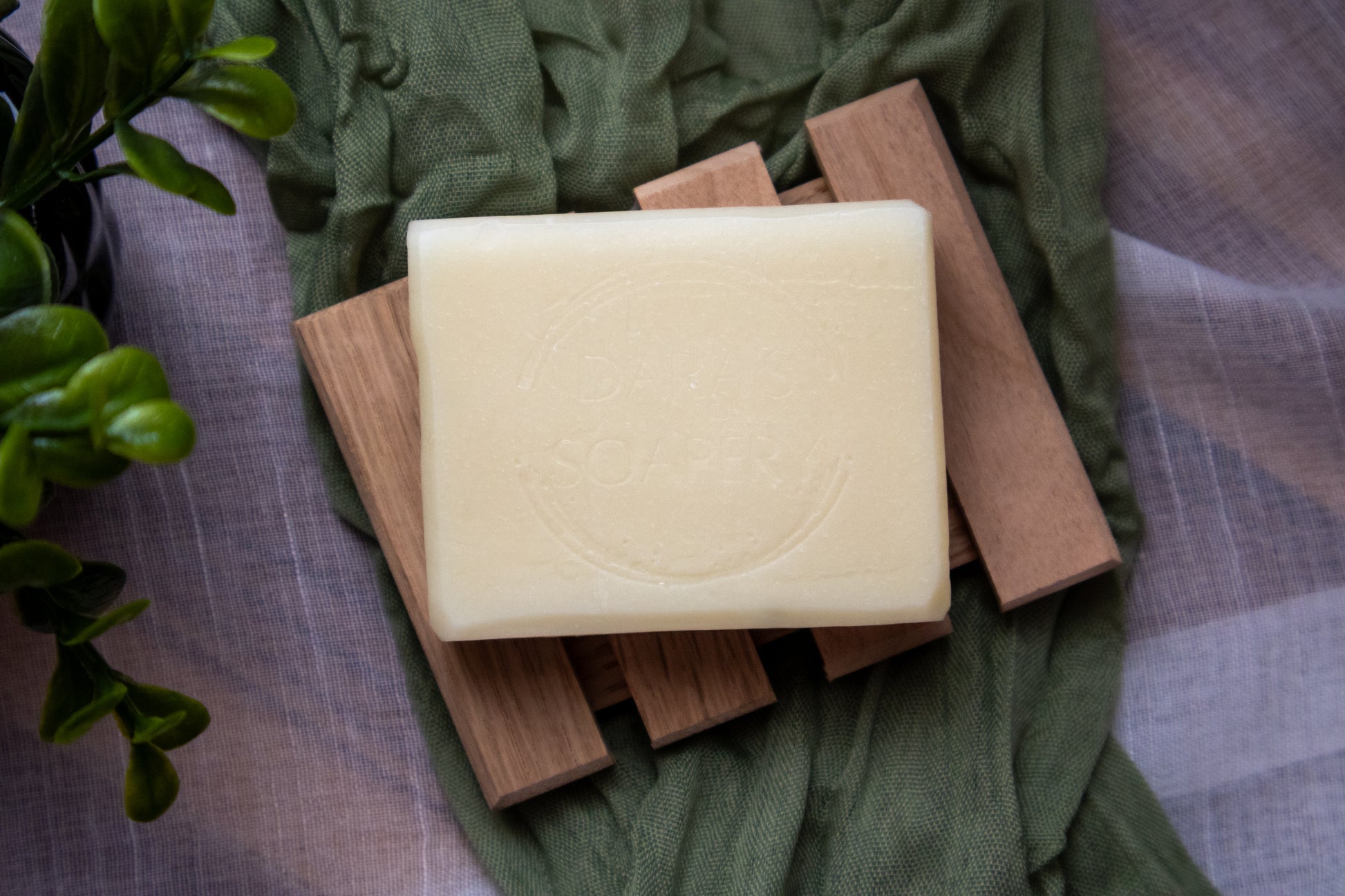 Bar of soap on wooden blocks with a green cloth and plant in the background