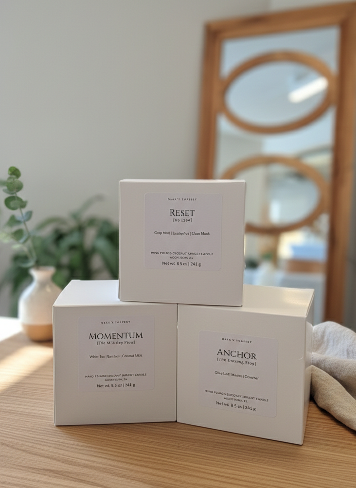 Three candle product boxes labeled 'Anchor', 'Momentum', and 'Reset' on a wooden surface with a blurred indoor background.