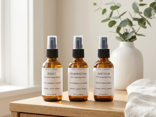 Three bottles of room and body spray on a wooden surface with a vase and plant in the background.