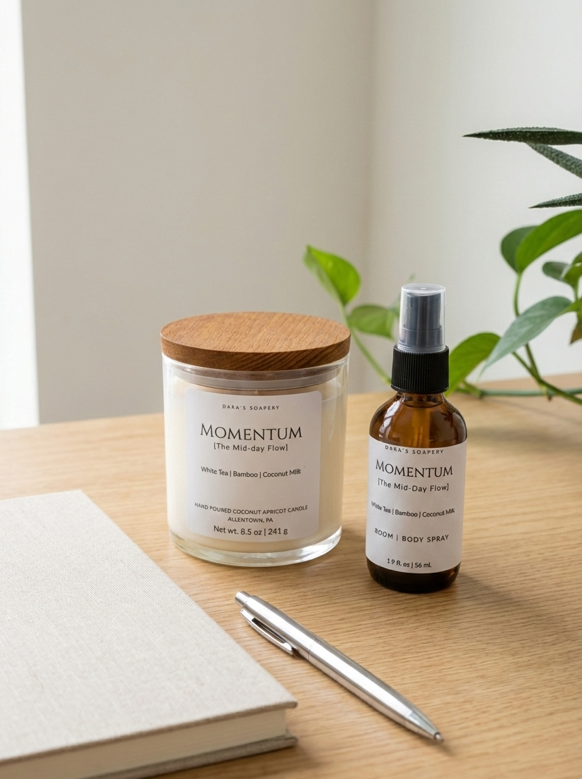 Candle and bottle labeled 'Momentum' on a wooden surface with a notebook and pen.