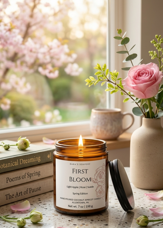 Candle labeled 'First Bloom' on a windowsill with flowers and books in the background