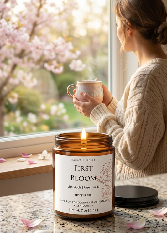 Person holding a mug by a window with a lit candle labeled 'First Bloom' on a windowsill.
