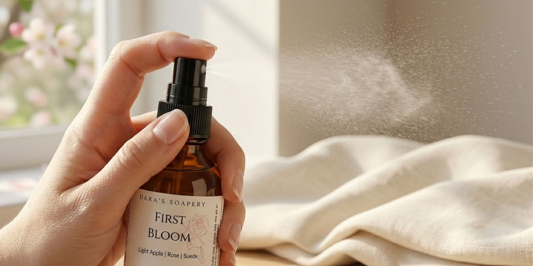 Hand holding a bottle labeled 'First Bloom' from Daras Soapery with a spray action, against a neutral background.