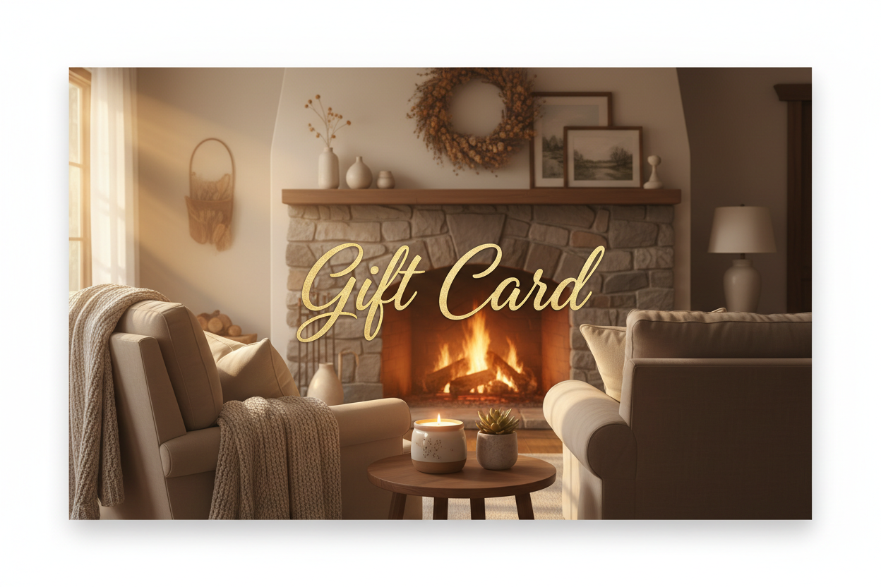 Living room with fireplace and 'Gift Card' text overlay