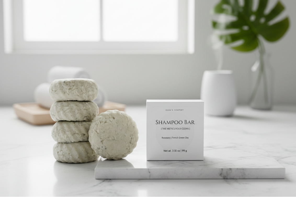 Stack of shampoo bars and a box labeled 'Shampoo Bar' on a marble surface with a plant in the background. Dara's soapery
