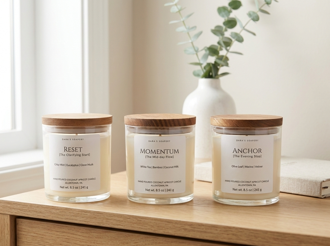 Three candles labeled 'Reset', 'Momentum', and 'Anchor' on a wooden surface with a vase and plant in the background.